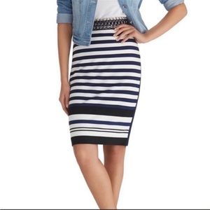 White House Black Market Striped Knit Pencil Skirt White Black Blue-NWOT